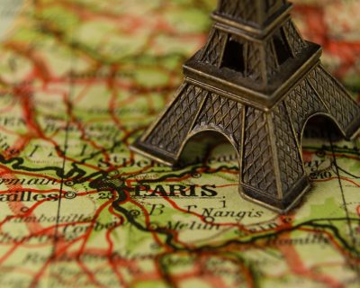 Eiffel Tower souvenir on map of Paris