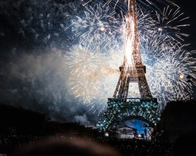 Eiffel Tower Lit by Fireworks at Night