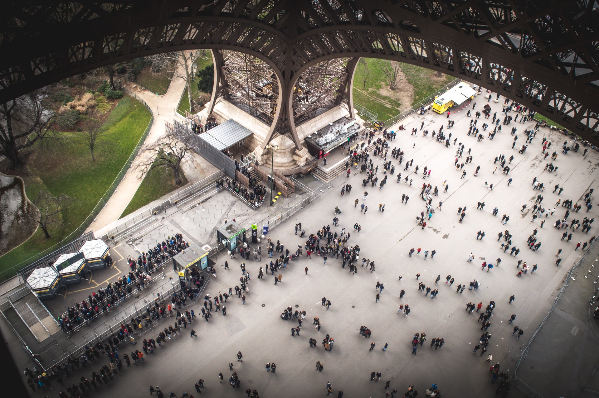Looking through the transparent floor of the Eiffel Tower first level