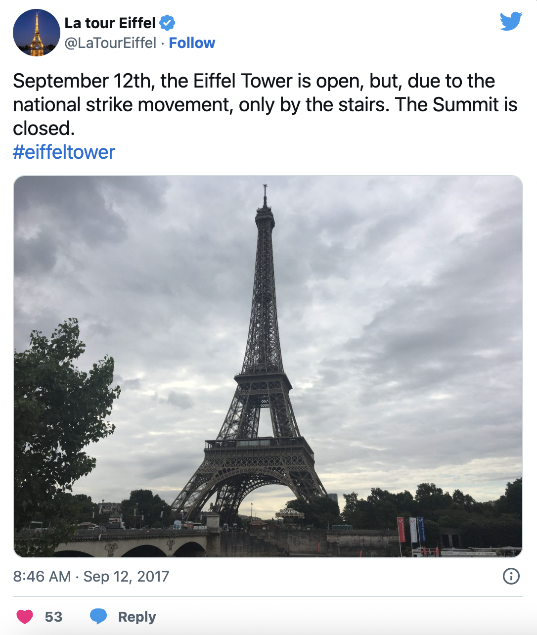 Eiffel Tower summit closed tweet
