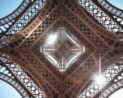 Looking up through the Eiffel Tower