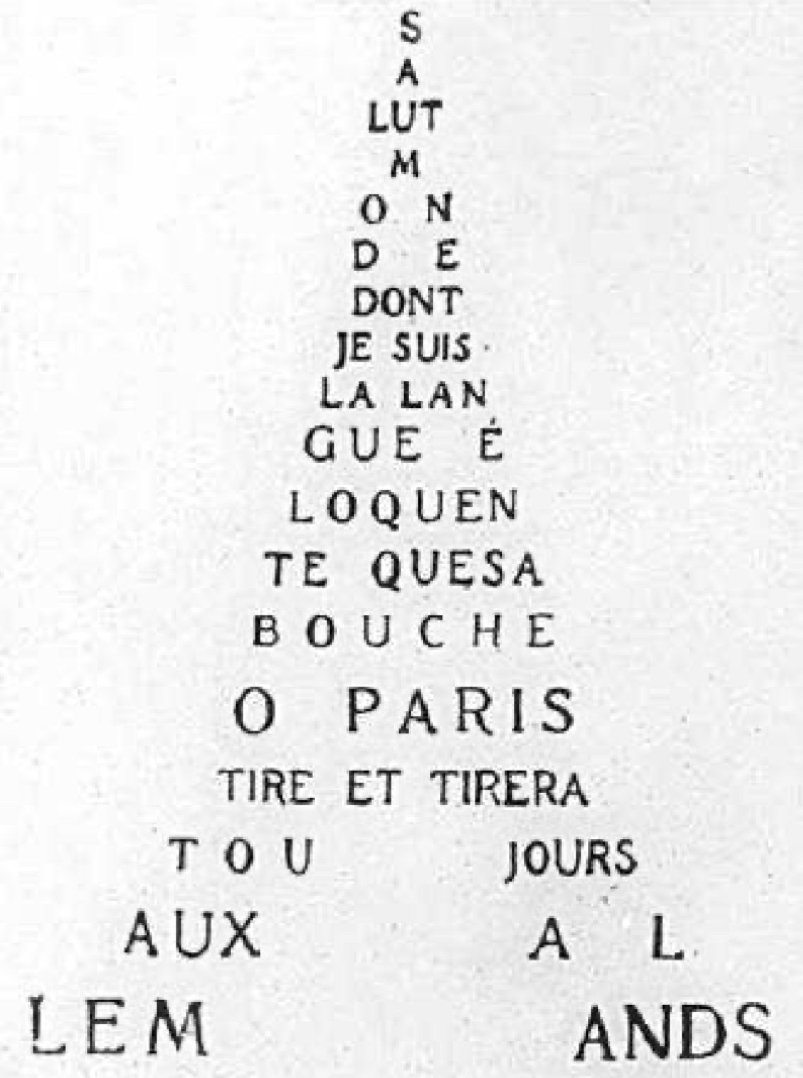 Calligram poem in the shape of the Eiffel Tower